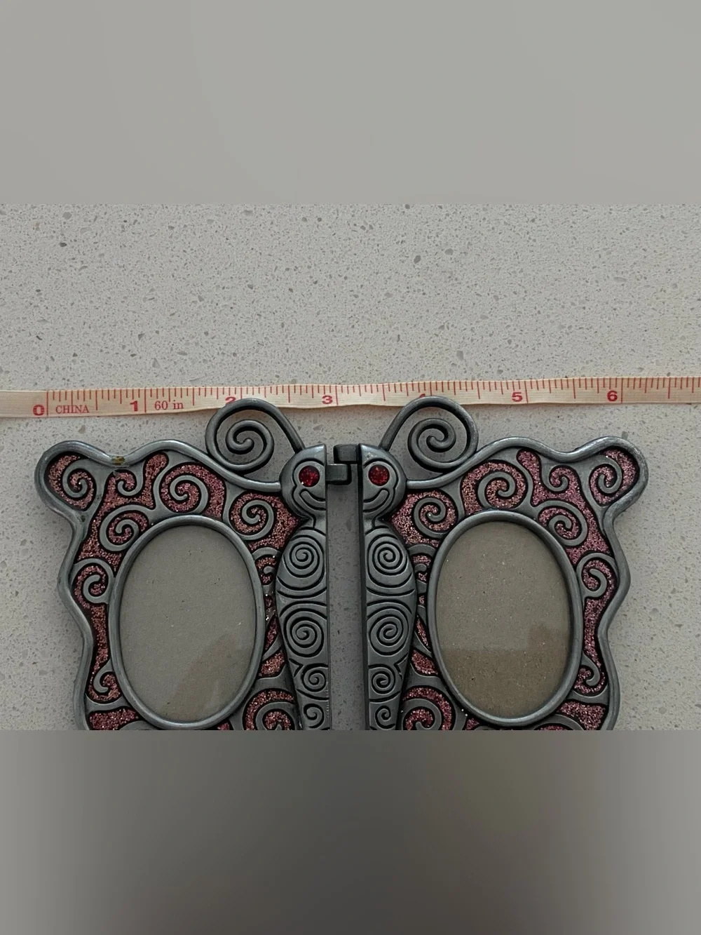 Double vintage photo frame with butterfly design; miniature model